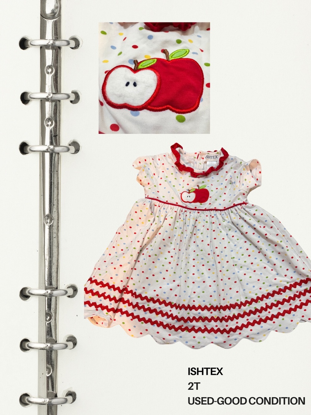ISHTEX White Polka Dot Dress with Red Apple Accent for Kids (2T)